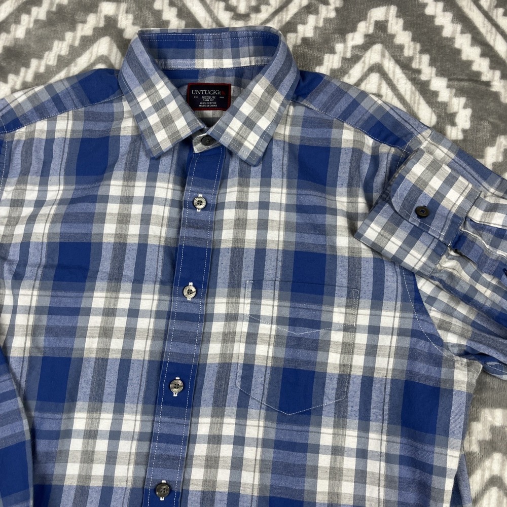 UNTUCKit Fiano‎ Shirt Mens Med Slim Fit Checked Striped Long Sleeve Button Blue